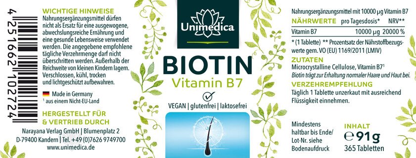 Biotin - 10.000 µg Vitamin B7 pro Tagesdosis - 365 Tabletten - von Unimedica