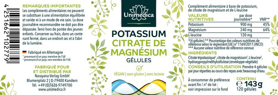 Citrate de potassium et de magnésium - 120 gélules - par Unimedica