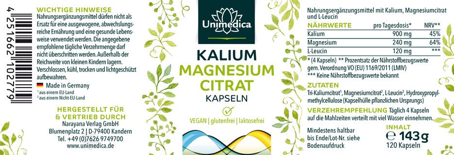 Magnesium Kalium Citrat - 900 mg Kalium und 240 mg Magnesium pro Tagesdosis (4 Kapseln) - 120 Kapseln - von Unimedica