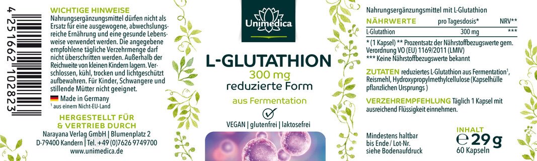 L-Glutathion reduziert - 300 mg pro Tagesdosis - aus natürlicher Fermentation - 60 Kapseln - von Unimedica