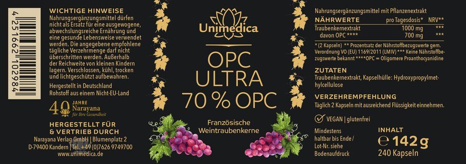 OPC Ultra - mit 700 mg reinem OPC pro Tagesdosis (2 Kapseln) - hochdosiert - 240 Kapseln - von Unimedica