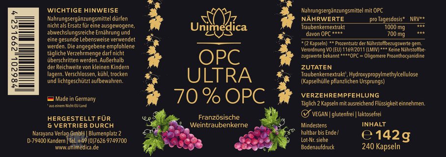 OPC Ultra - mit 700 mg reinem OPC Gehalt pro Tagesdosis - aus Wasserextraktion - 240 Kapseln - von Unimedica