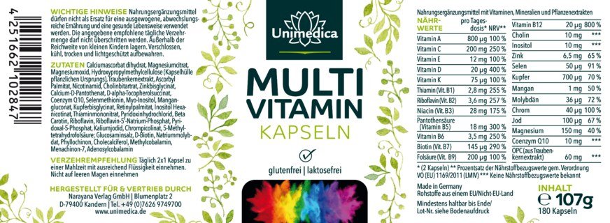 Multivitamin Kapseln - 180 Kapseln - von Unimedica