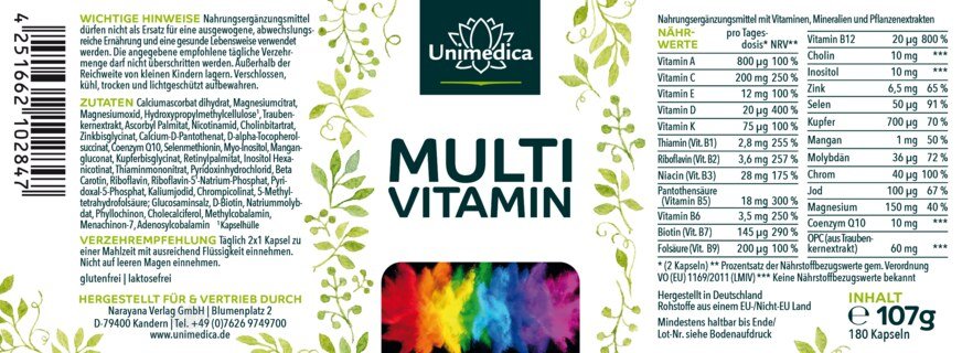 Multivitamin Kapseln - 180 Kapseln - von Unimedica