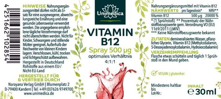 Vitamin B12 - Mundspray 500 µg pro Tagesdosis (1 Sprühstoß) - 30 ml - von Unimedica