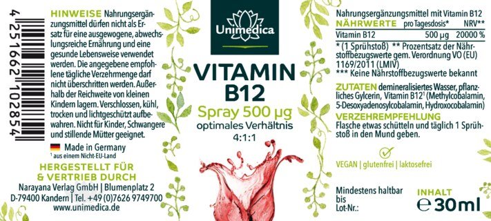 Vitamin B12 - Mundspray 500 µg pro Tagesdosis - 30 ml - von Unimedica