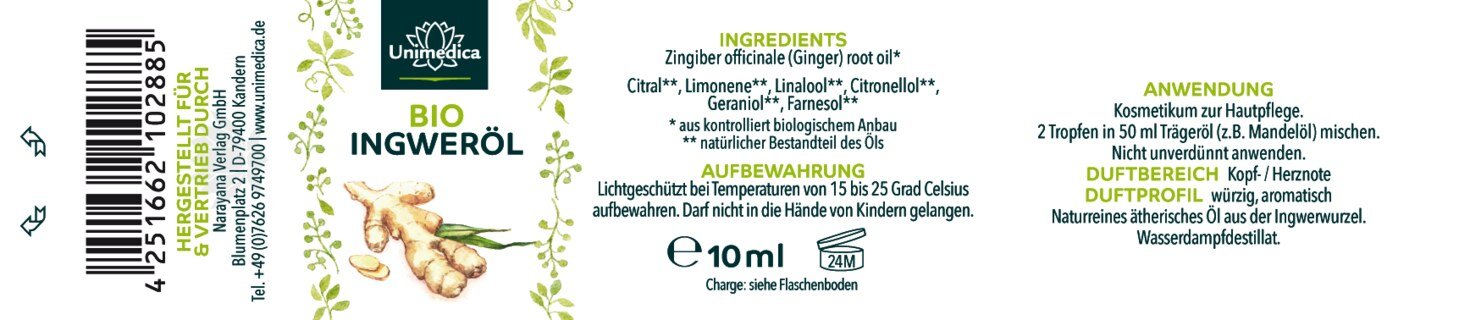 Bio Ingweröl - natürliches ätherisches Öl zur Hautpflege - 10 ml - Sonderangebot kurze Haltbarkeit - von Unimedica