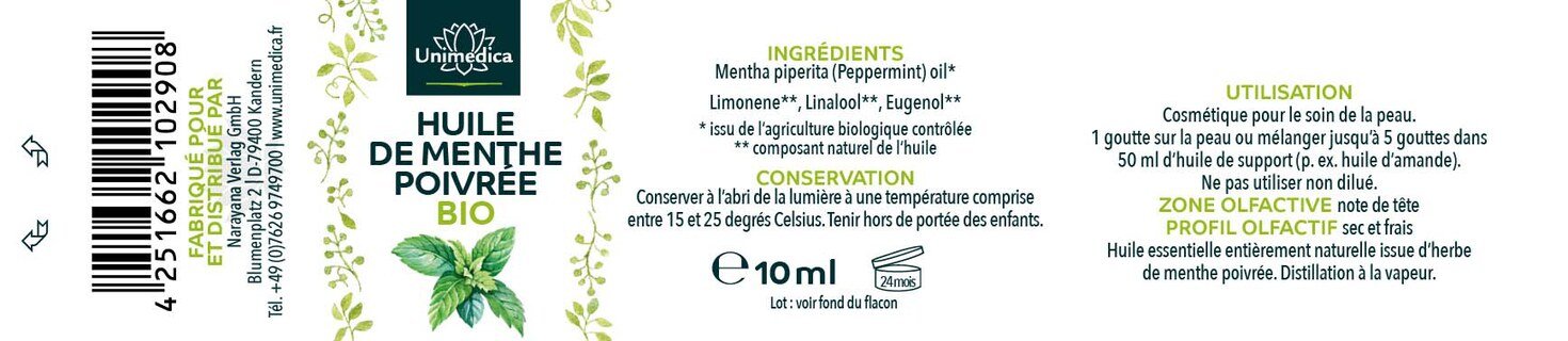 Menthe poivrée BIO - huile essentielle naturelle - 10 ml - par Unimedica