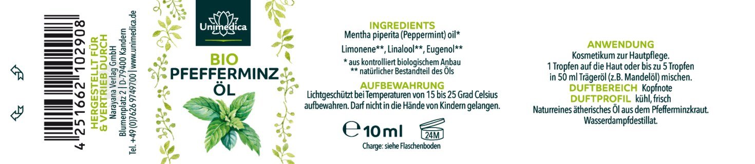 Bio Pfefferminzöl - natürliches ätherisches Öl - 10 ml - Minzöl - von Unimedica