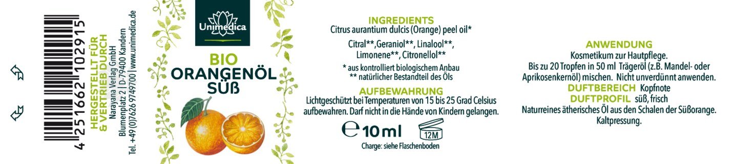 Bio Orangenöl - süß - natürliches ätherisches Öl - 10 ml - von Unimedica