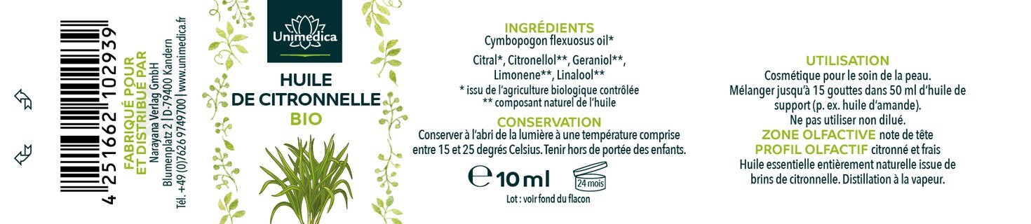 Citronnelle BIO - Cymbopogon flexuosus (lemon grass) - huile essentielle naturelle, 10 ml, par Unimedica