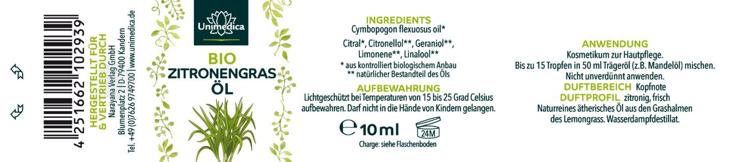 Citronnelle BIO - Cymbopogon flexuosus (lemon grass) - huile essentielle naturelle, 10 ml, par Unimedica