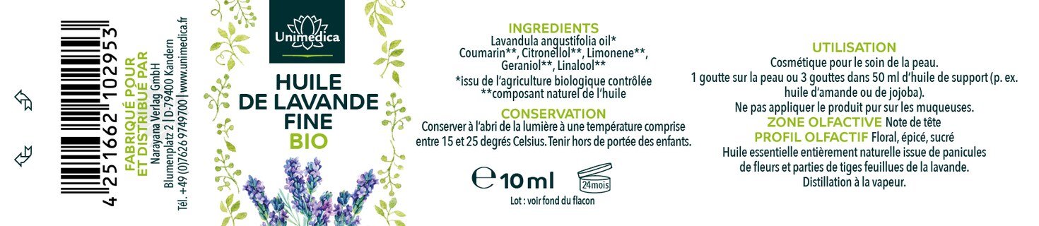 Lavande fine BIO - huile essentielle naturelle - 10 ml - par Unimedica
