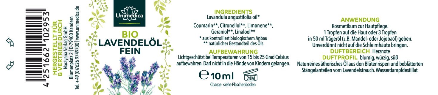 Bio Lavendelöl - Lavendel fein - natürliches ätherisches Öl - 10 ml - von Unimedica