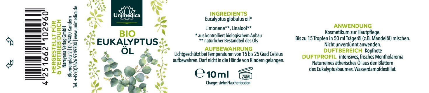 Bio Eukalyptusöl - natürliches ätherisches Öl - 10 ml - von Unimedica