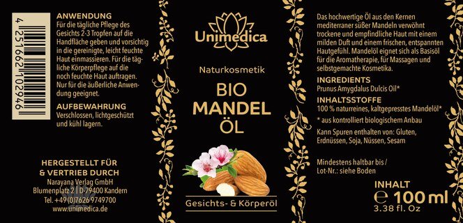 Huile d'amande BIO -  huile pour le visage et le corps - 100 ml - par Unimedica