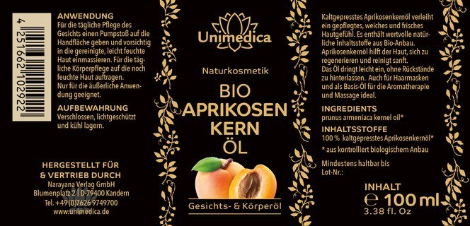 Bio Aprikosenkernöl - Gesichts- und Körperöl - 100 ml  - von Unimedica