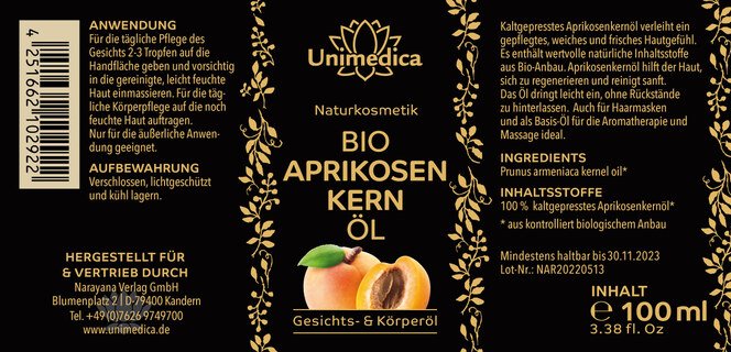 Bio Aprikosenkernöl - Gesichts- und Körperöl - 100 ml - von Unimedica