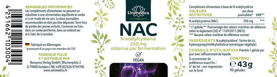 NAC - 250 mg - N-Acétyl-Cystéine de Fermentation Naturelle - 90 gélules - par Unimedica