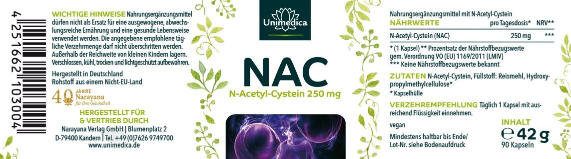 NAC - N-Acetyl-Cystein aus natürlicher Fermentation - 250 mg pro Tagesdosis (1 Kapsel) - 90 Kapseln - von Unimedica