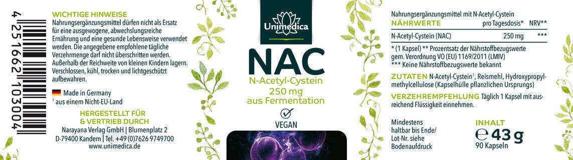 NAC - 250 mg - N-Acetyl-Cystein aus natürlicher Fermentation - 90 Kapseln - von Unimedica