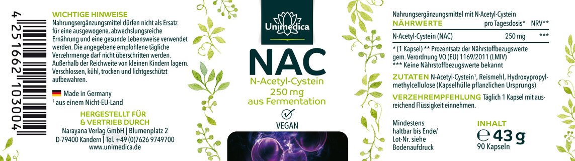 NAC - N-Acetyl-Cystein aus natürlicher Fermentation - 250 mg pro Tagesdosis (1 Kapsel) - 90 Kapseln - von Unimedica