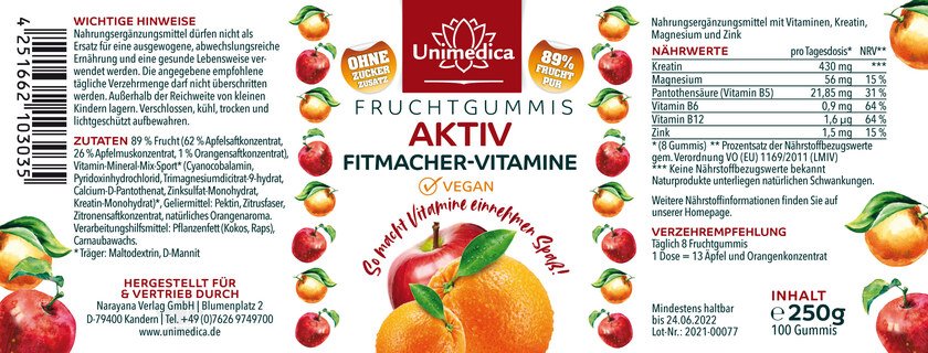 Aktiv Fitmacher-Vitamine - 100 Fruchtgummis - 89 % Frucht - von Unimedica