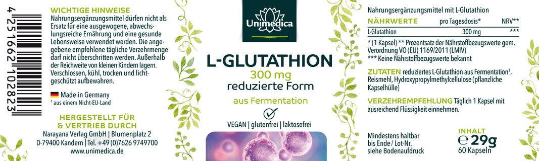2er-Sparset: L-Glutathion - reduzierte Form aus natürlicher Fermentation - 300 mg pro Tagesdosis (1 Kapsel) - 2 x 60 Kapseln - von Unimedica