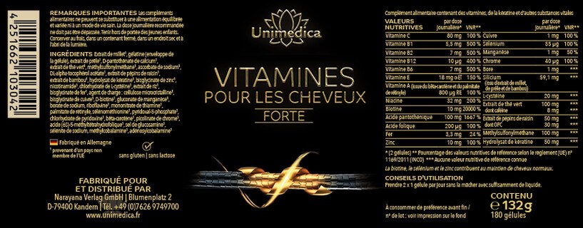 Vitamines pour les cheveux Forte - 180 gélules - par Unimedica