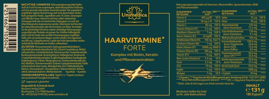 Haarvitamine forte - Komplex mit Vitaminen und Keratin - 180 Kapseln - von Unimedica