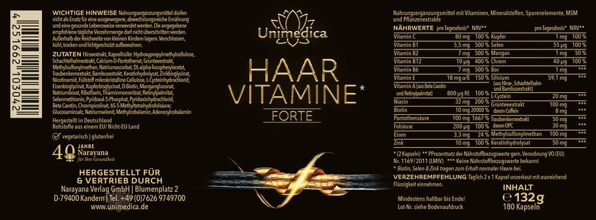 Haarvitamine forte - Komplex mit Vitaminen und Keratin - 180 Kapseln - von Unimedica