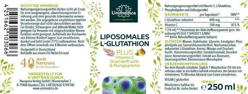 Liposomales L-Glutathion PLUS Vitamin C, Drachenfrucht- und Mangoaroma - 250 ml - von Unimedica