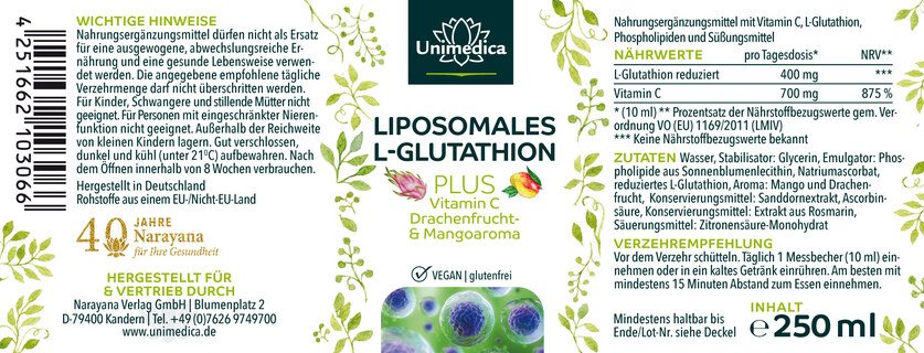 L-GLUTATHION LIPOSOMAL PLUS Fruit du dragon et mangue  250 ml - par Unimedica