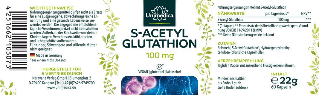 S-Acetyl-Glutathion - stabile Glutathionform - 100 mg pro Tagesdosis (1 Kapsel) - hochdosiert - 60 Kapseln - von Unimedica