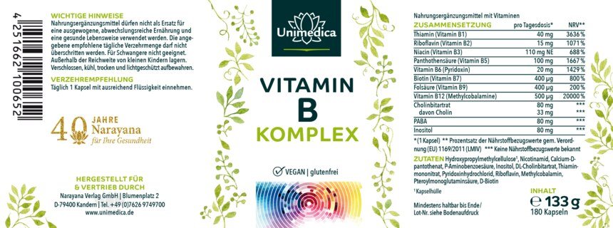 2er-Sparset: Vitamin B-Komplex - hochdosiert - 2 x 180 Kapseln - mit Kofaktoren - von Unimedica