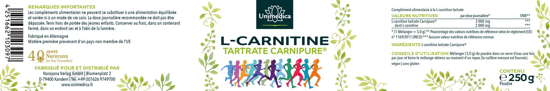 Tartrate de L-carnitine Carnipure® - 250 g - par Unimedica