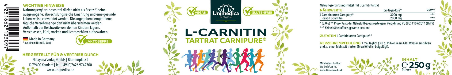 L-Carnitin Tartrat Carnipure® Pulver - 2000 mg pro Tagesdosis (1 Messlöffel) - 250 g - von Unimedica