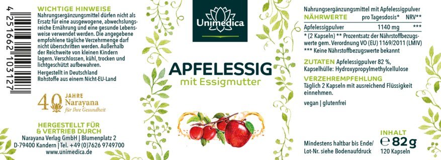 Apfelessig mit Essigmutter - 1140 mg Apfelessigpulver pro Tagesdosis (2 Kapseln) - 120 Kapseln - von Unimedica