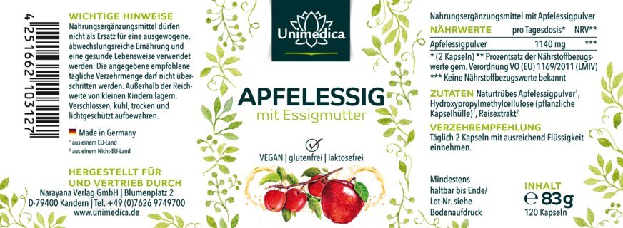 Apfelessig mit Essigmutter - 1140 mg Apfelessigpulver pro Tagesdosis (2 Kapseln) - 120 Kapseln - von Unimedica