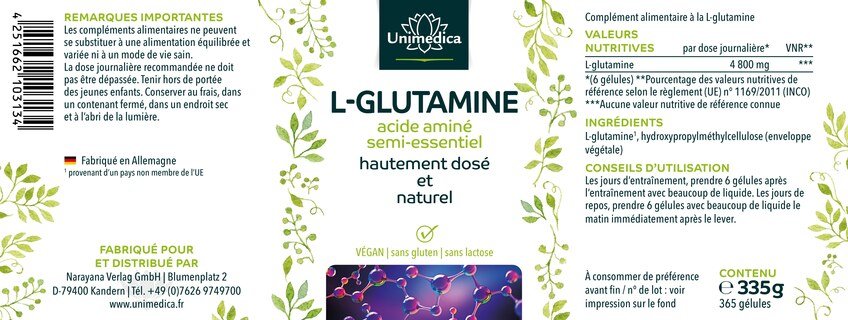 L-glutamine  acide aminé semi-essentiel - 365 gélules - par Unimedica