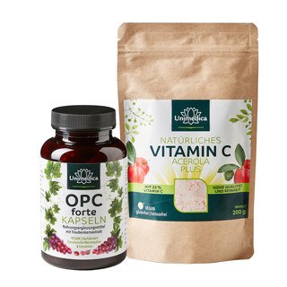 Spar Set - OPC forte - 800 mg Traubenkernextrakt pro Tagesdosis - 180 Kapseln und Natürliches Vitamin C Acerola Plus - 25% Vitamin C - 200 g - von Unimedica/