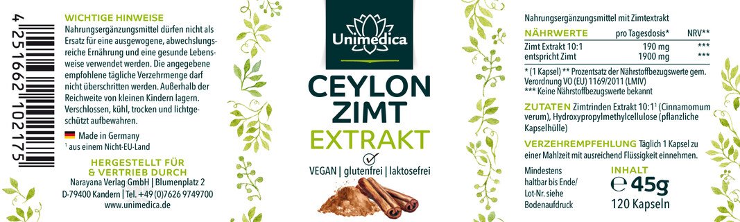 Set: Ceylon Cinnamon Extract 10:1 - 2 x 120 Capsules - by Unimedica