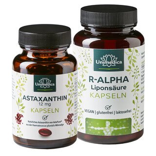 Spar Set - R-Alpha-Liponsäure - 150 mg - 120 Kapseln und Astaxanthin - AstaPure - 12 mg - 60 Softgelkapseln - von Unimedica/