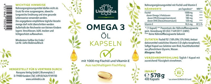 2er-Sparset: Omega 3 Fischöl - aus nachhaltigem Fischfang - 1000 mg - 2 x 400 Kapseln - von Unimedica