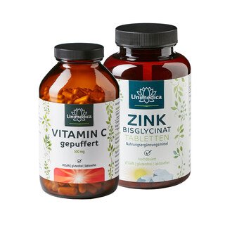 Lot: Coffret économique : Vitamine C tamponnée - 500 mg - 365 gélules ET - bisglycinate de zinc - 25 mg haute dose - 365 comprimés dans un coffret - d'Unimedica/