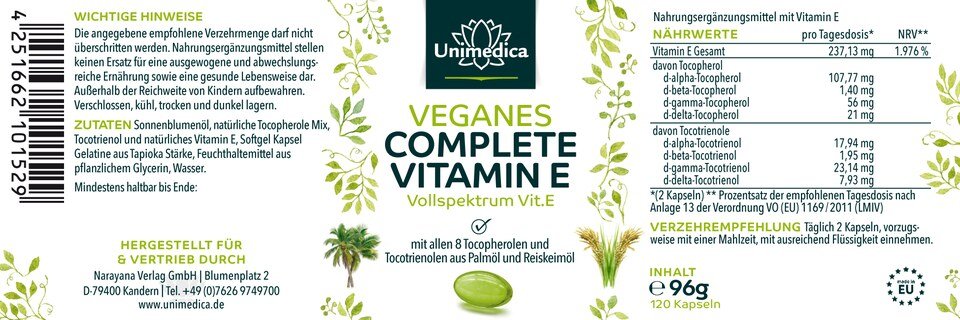 2er-Sparset: 2x Vitamin E - Veganes Complete - 237 mg  pro Tagesdosis - 2 x 120 Kapseln - von Unimedica