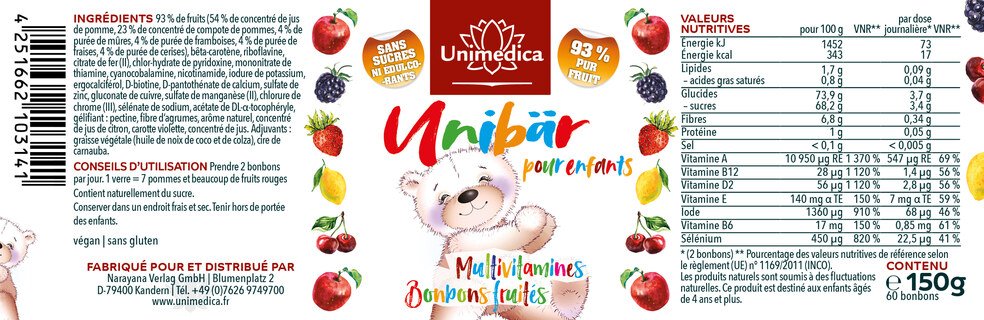 Unibär pour enfants - multivitamines  bonbons fruités - 60 bonbons - par Unimedica