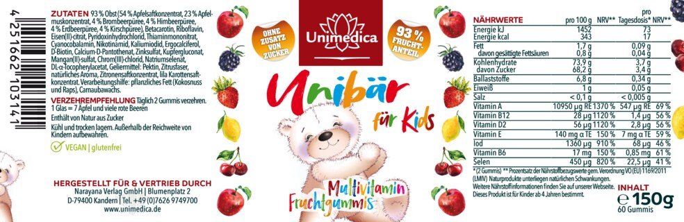 Unibär für Kids - Multivitamin - Fruchtgummis - 60 Gummis - von Unimedica