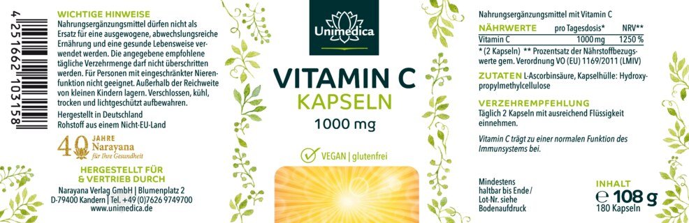Vitamin C - 1000mg pro Tagesdosis (2 Kapseln) - 99% Reinheit - 180 Kapseln - von Unimedica