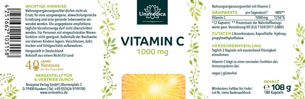 Vitamin C - 1000mg pro Tagesdosis - 99% Reinheit - 180 Kapseln - von Unimedica